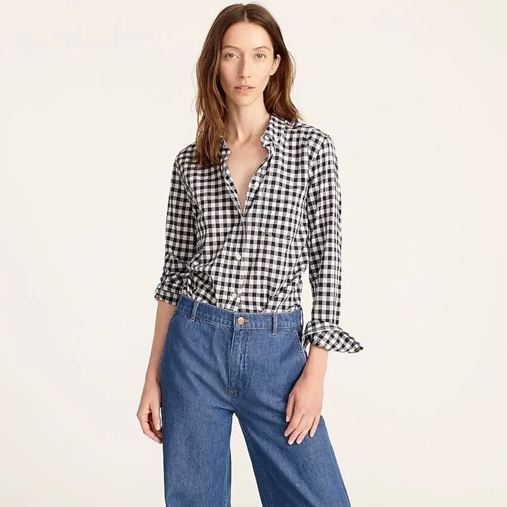 J. Crew Classic Fit Button Down Shirt in Crinkle Gingham Navy White Size 12